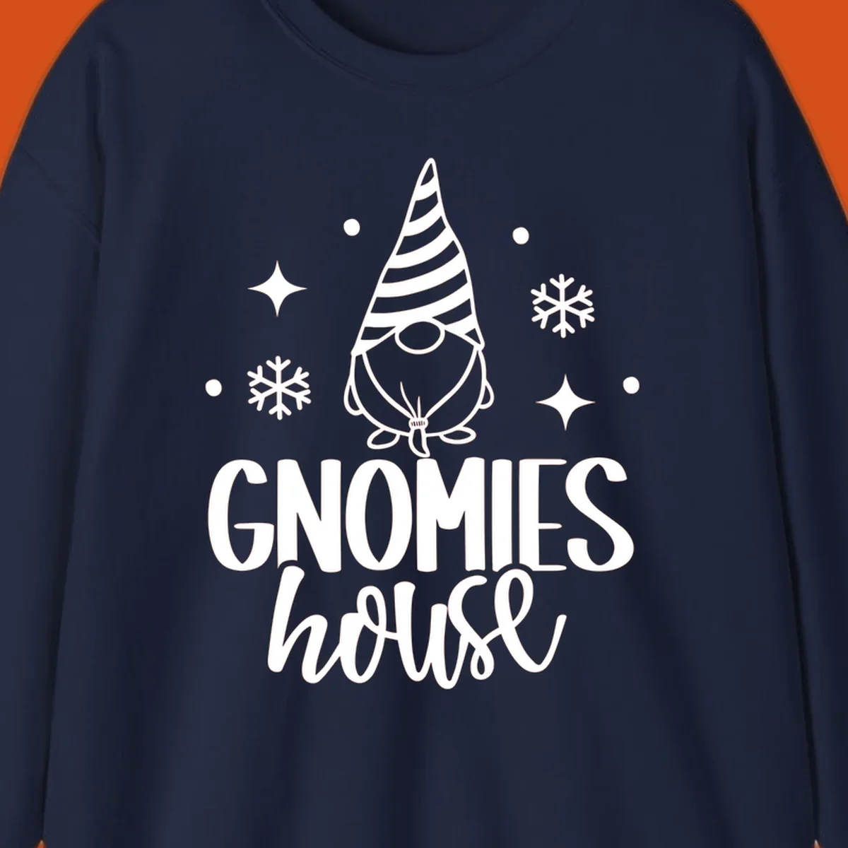 Illustration of a gnome with text 'GNOMIES house', surrounded by winter elements.