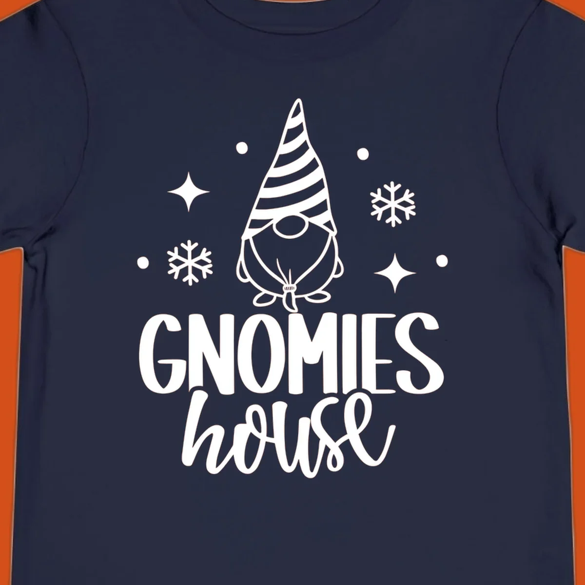 Illustration of a gnome with text 'GNOMIES house', surrounded by winter elements.