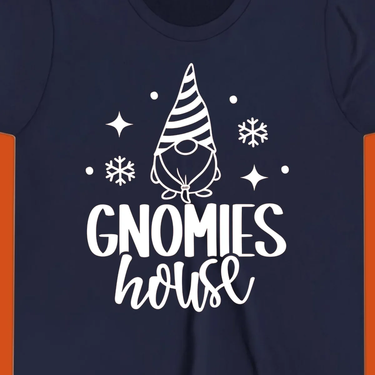 Illustration of a gnome with text 'GNOMIES house', surrounded by winter elements.