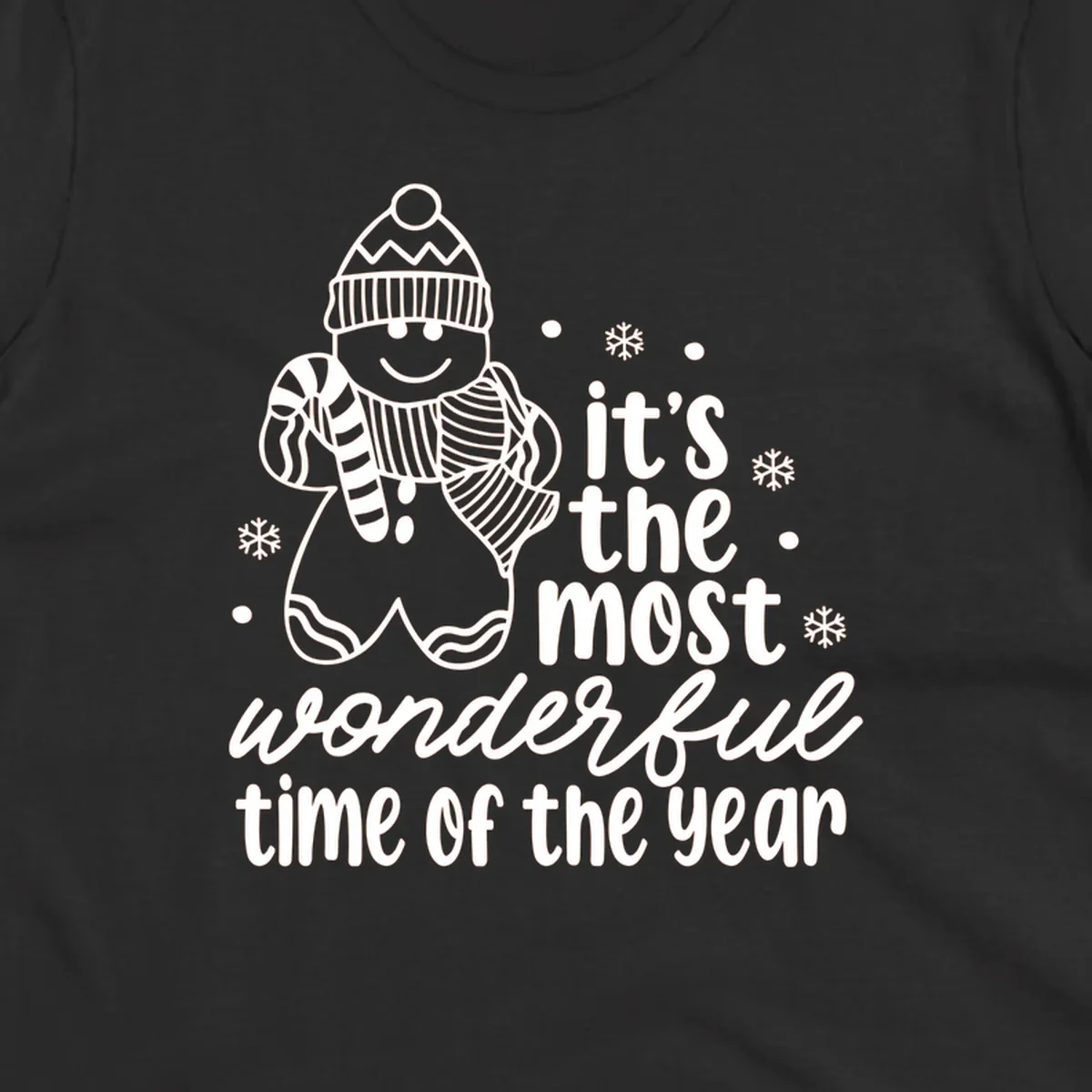 Christmas gingerbread man with 'it's the most wonderful time of the year' text.