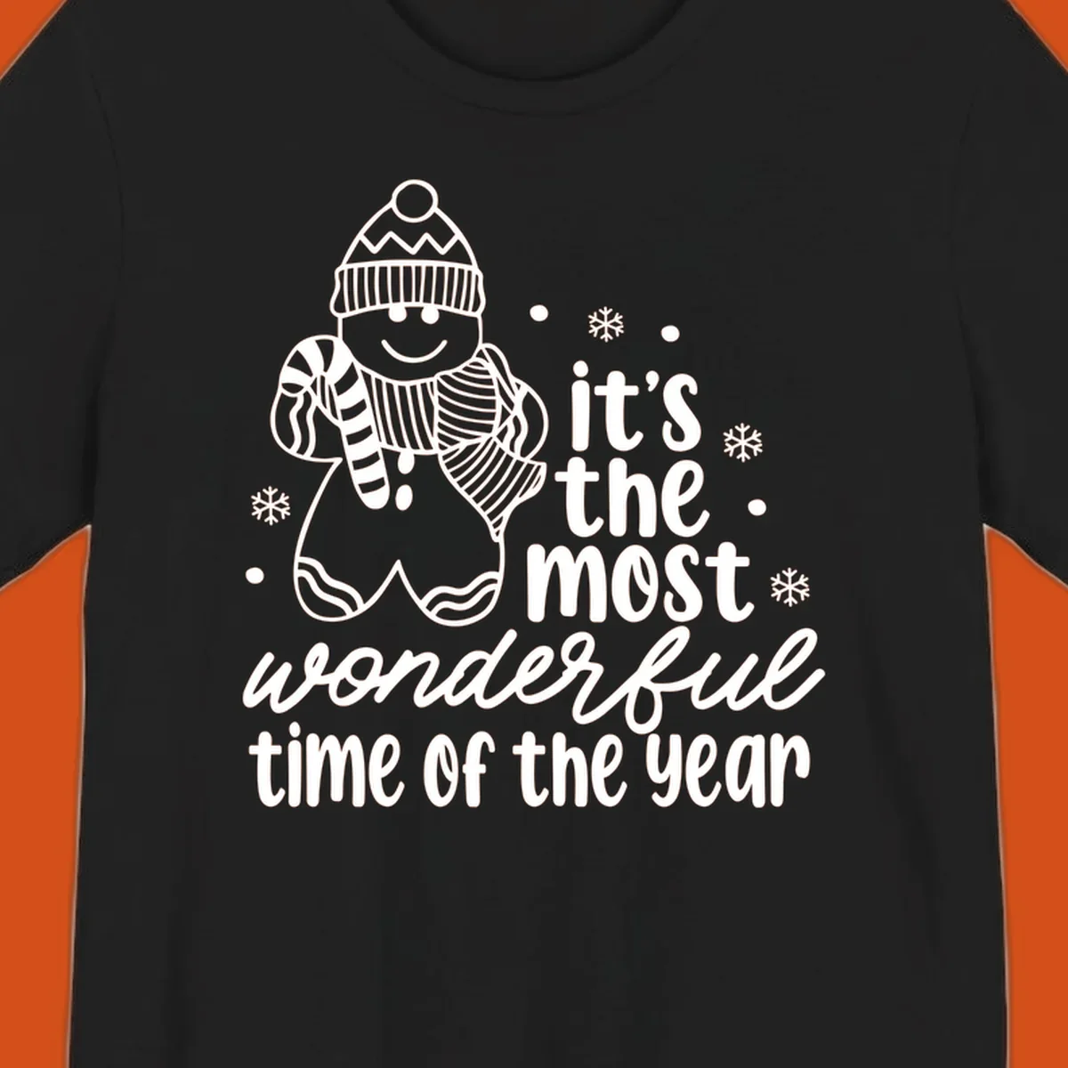 Christmas gingerbread man with 'it's the most wonderful time of the year' text.