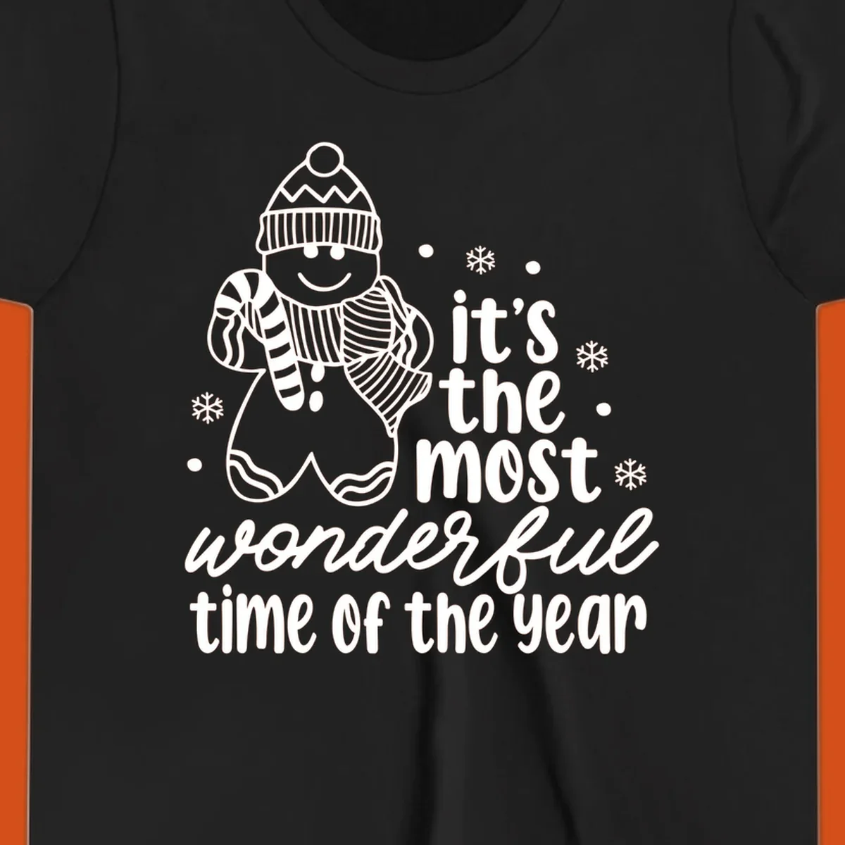 Christmas gingerbread man with 'it's the most wonderful time of the year' text.