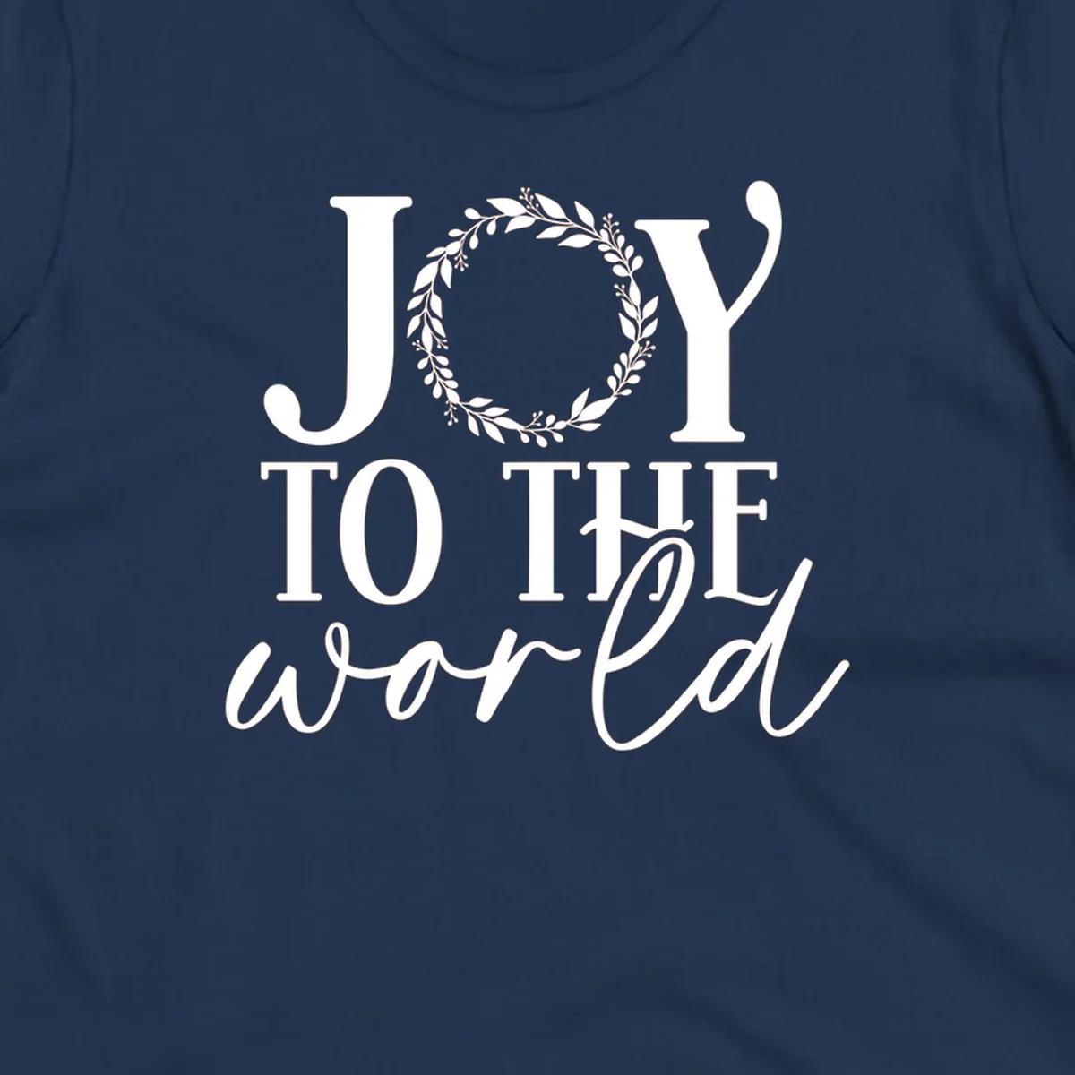 Joy to the World Christmas text design with a wreath replacing the letter O. White text on black background.
