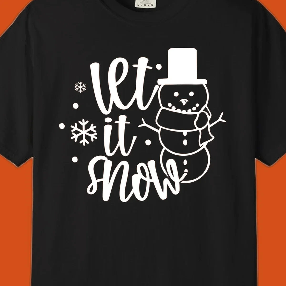Let it snow snowman graphic with snowflakes, white on black.