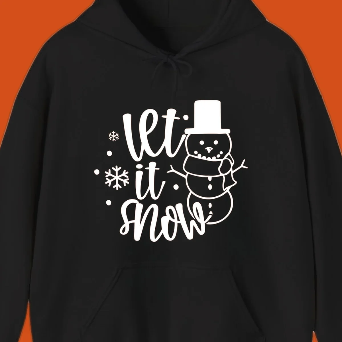 Let it snow snowman graphic with snowflakes, white on black.
