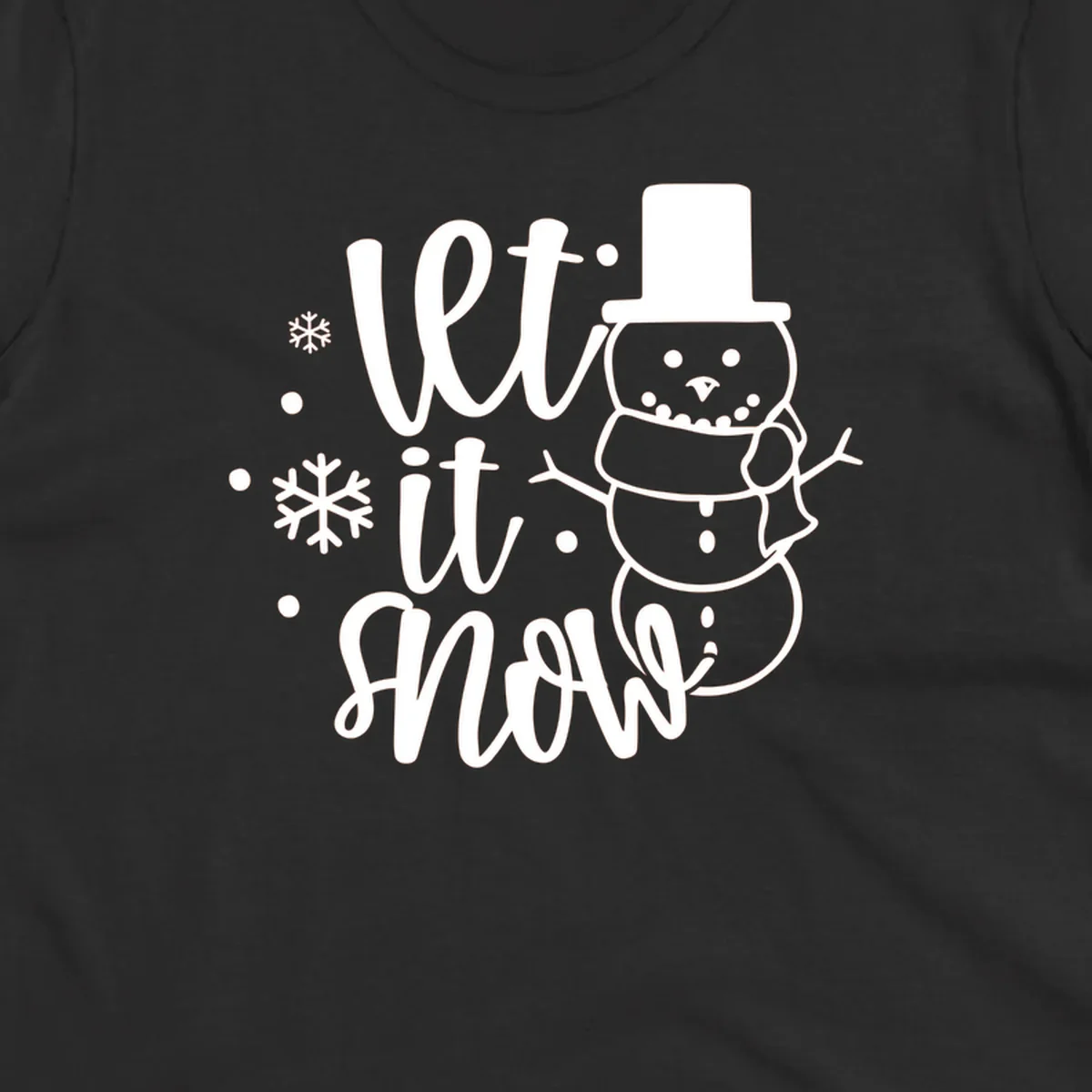 Let it snow snowman graphic with snowflakes, white on black.