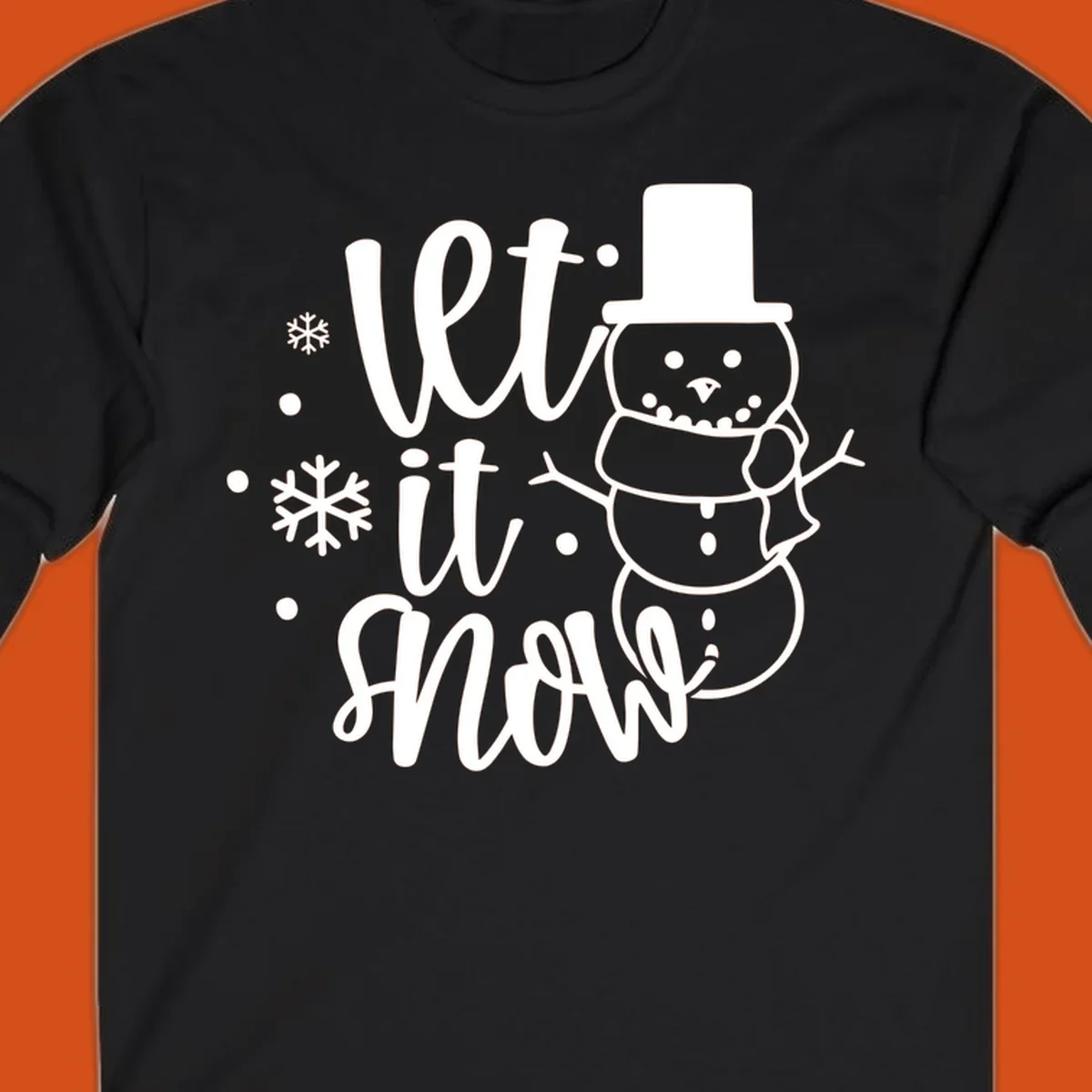 Let it snow snowman graphic with snowflakes, white on black.