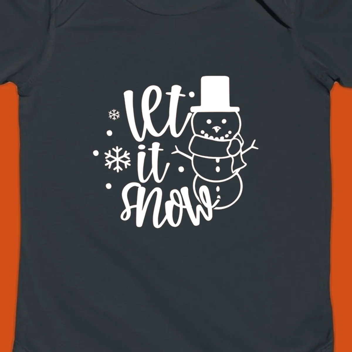 Let it snow snowman graphic with snowflakes, white on black.