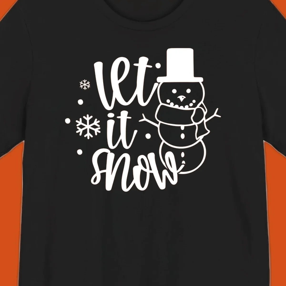 Let it snow snowman graphic with snowflakes, white on black.