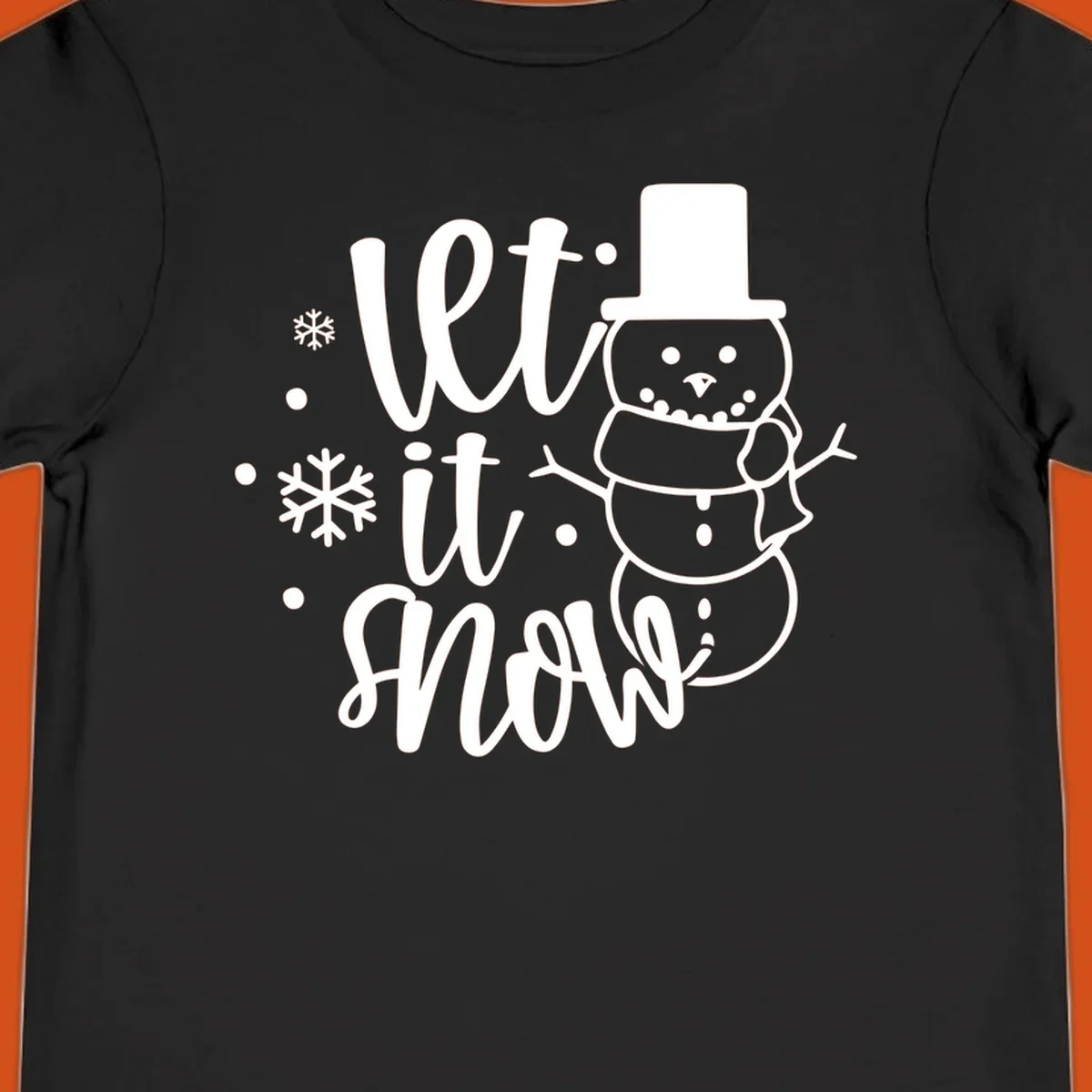 Let it snow snowman graphic with snowflakes, white on black.