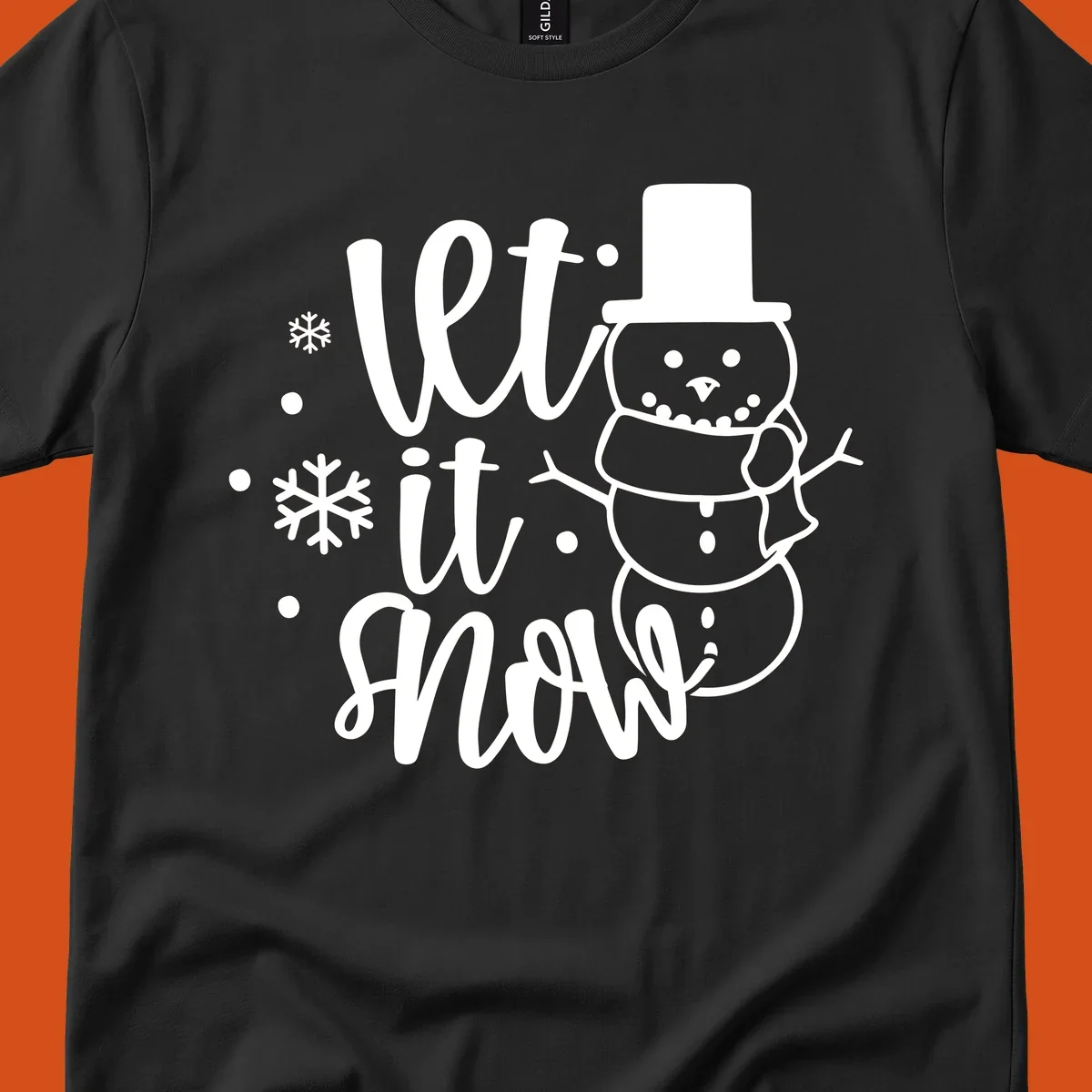 Let it snow snowman graphic with snowflakes, white on black.