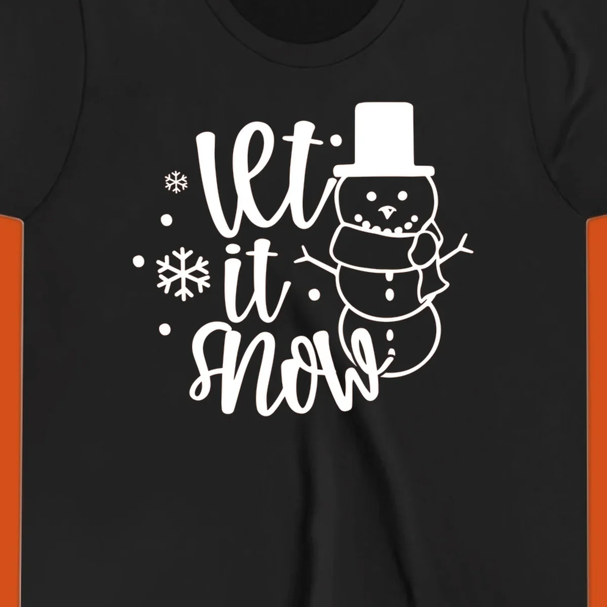 Let it snow snowman graphic with snowflakes, white on black.