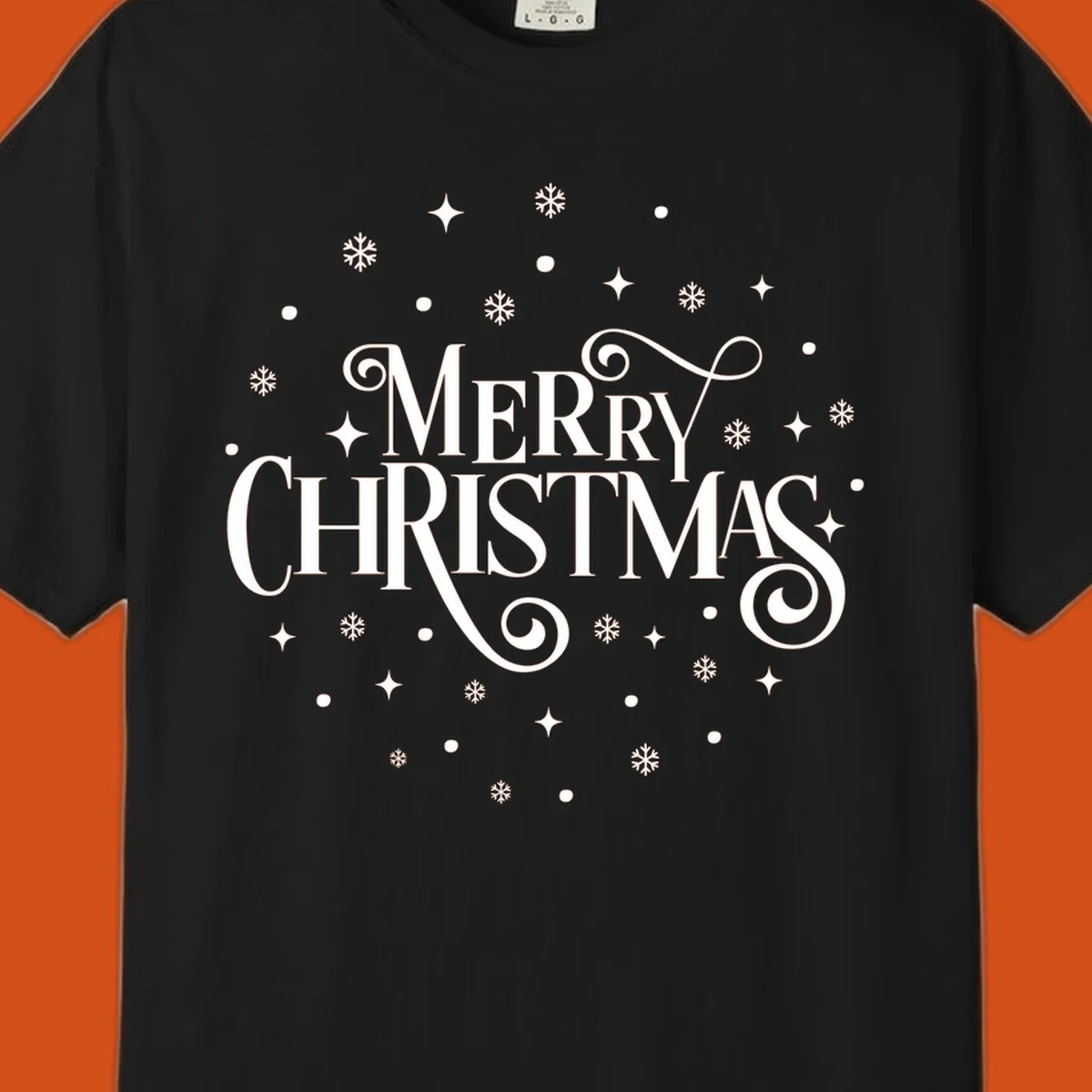 Merry Christmas script typography with snowflakes and stars.