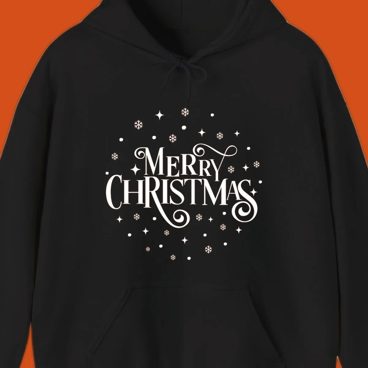 Merry Christmas script typography with snowflakes and stars.