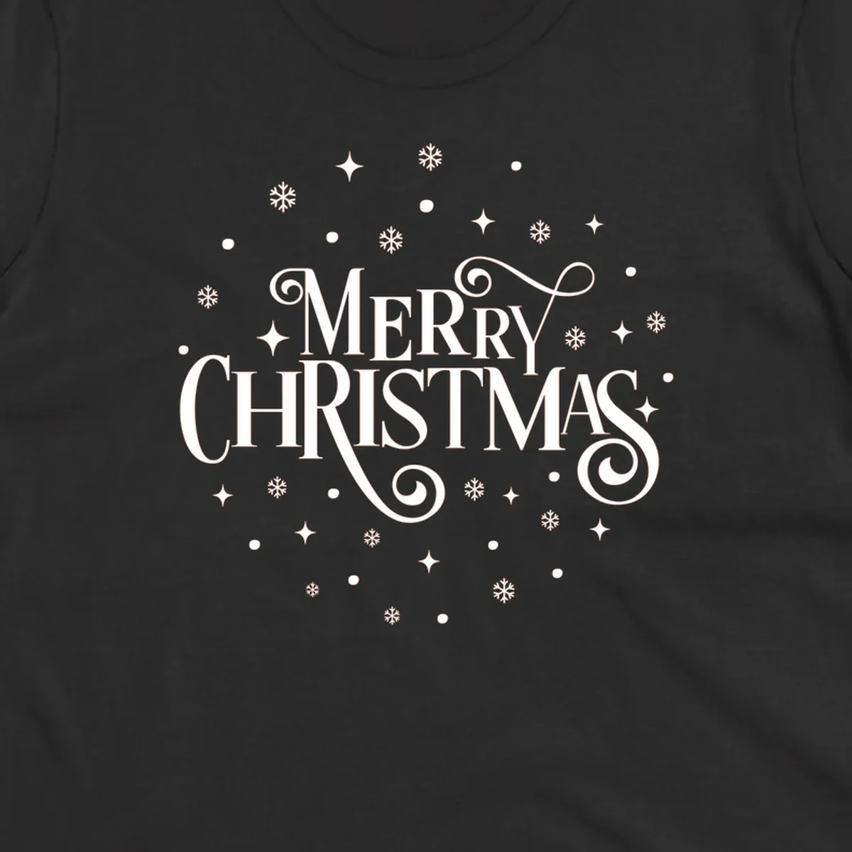 Merry Christmas script typography with snowflakes and stars.