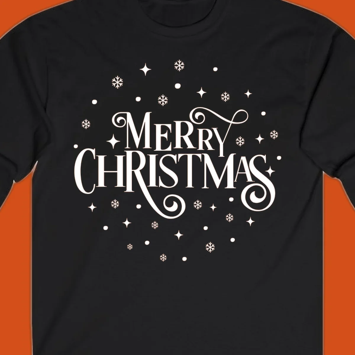 Merry Christmas script typography with snowflakes and stars.
