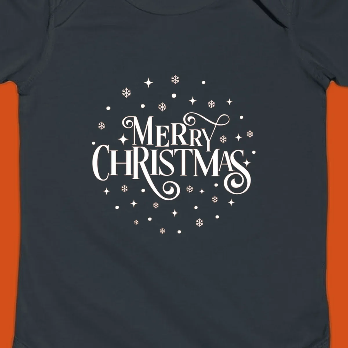 Merry Christmas script typography with snowflakes and stars.