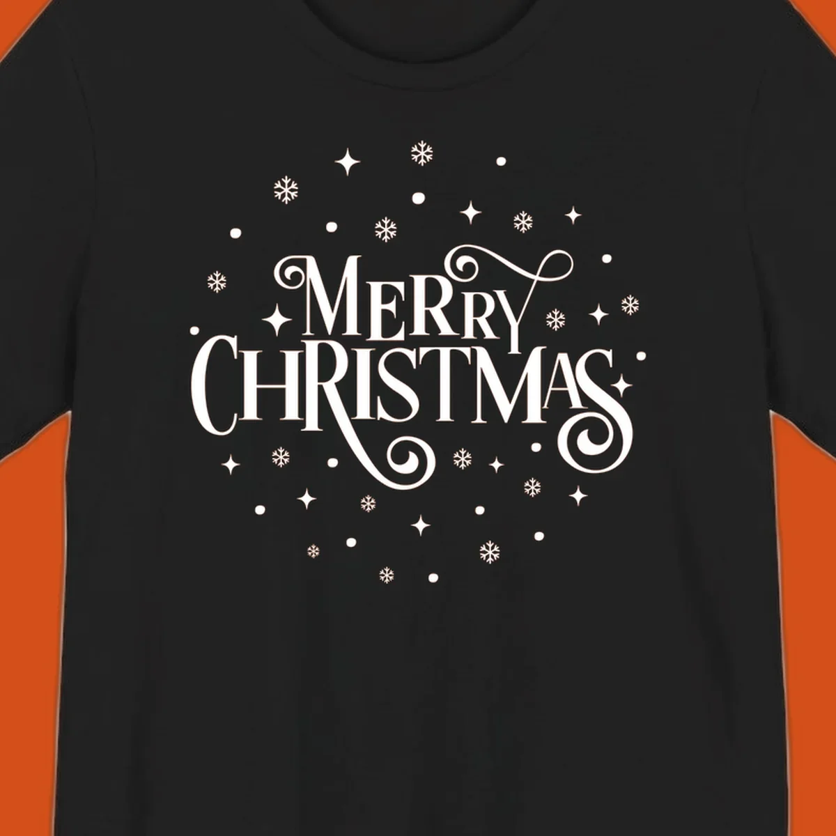 Merry Christmas script typography with snowflakes and stars.