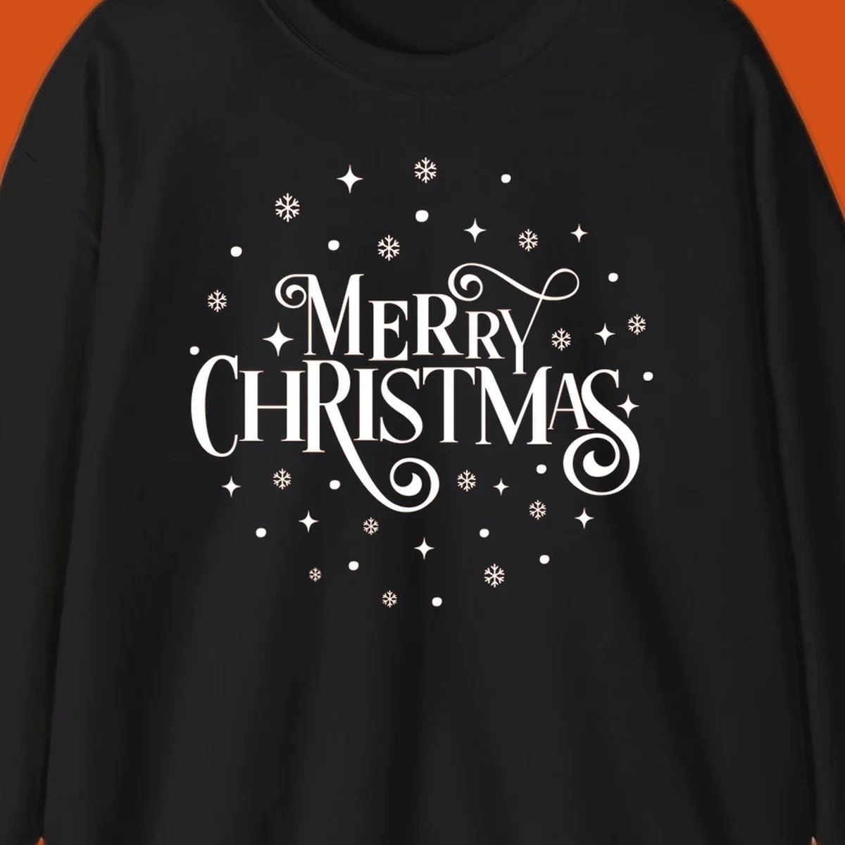 Merry Christmas script typography with snowflakes and stars.