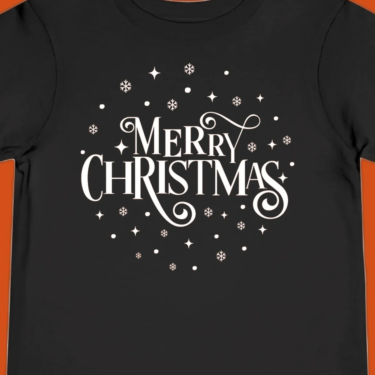 Merry Christmas script typography with snowflakes and stars.
