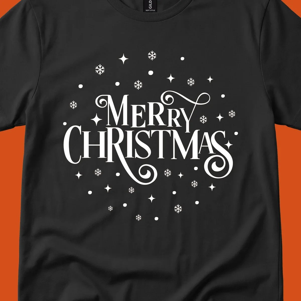 Merry Christmas script typography with snowflakes and stars.