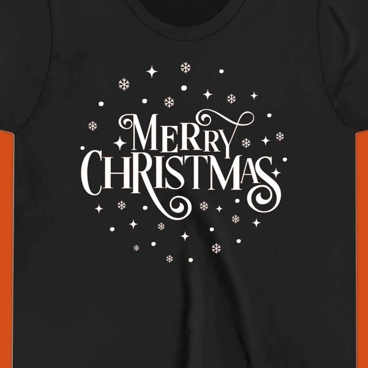 Merry Christmas script typography with snowflakes and stars.