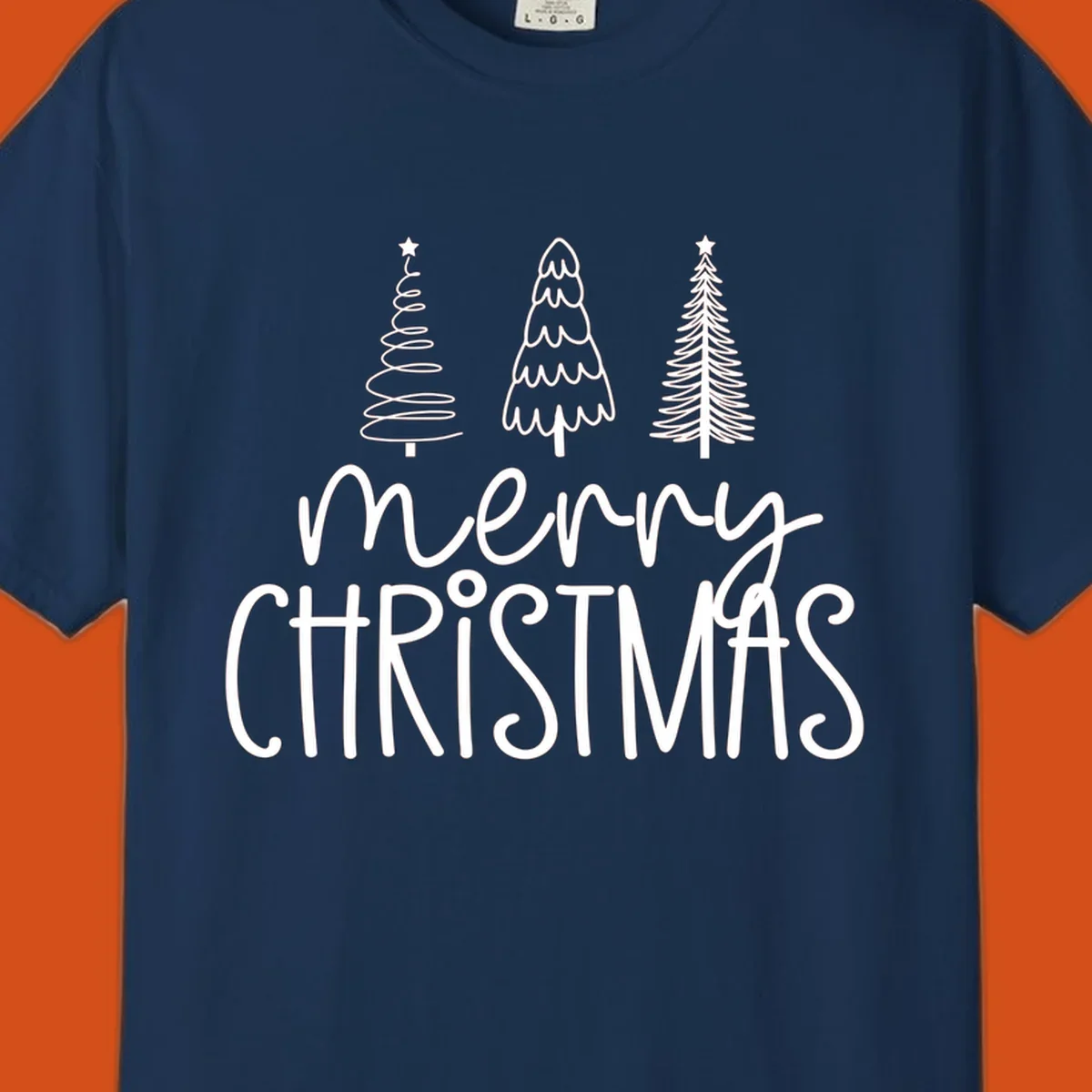 Merry Christmas trees typography design with three stylized trees and the text 'merry CHRISTMAS'.