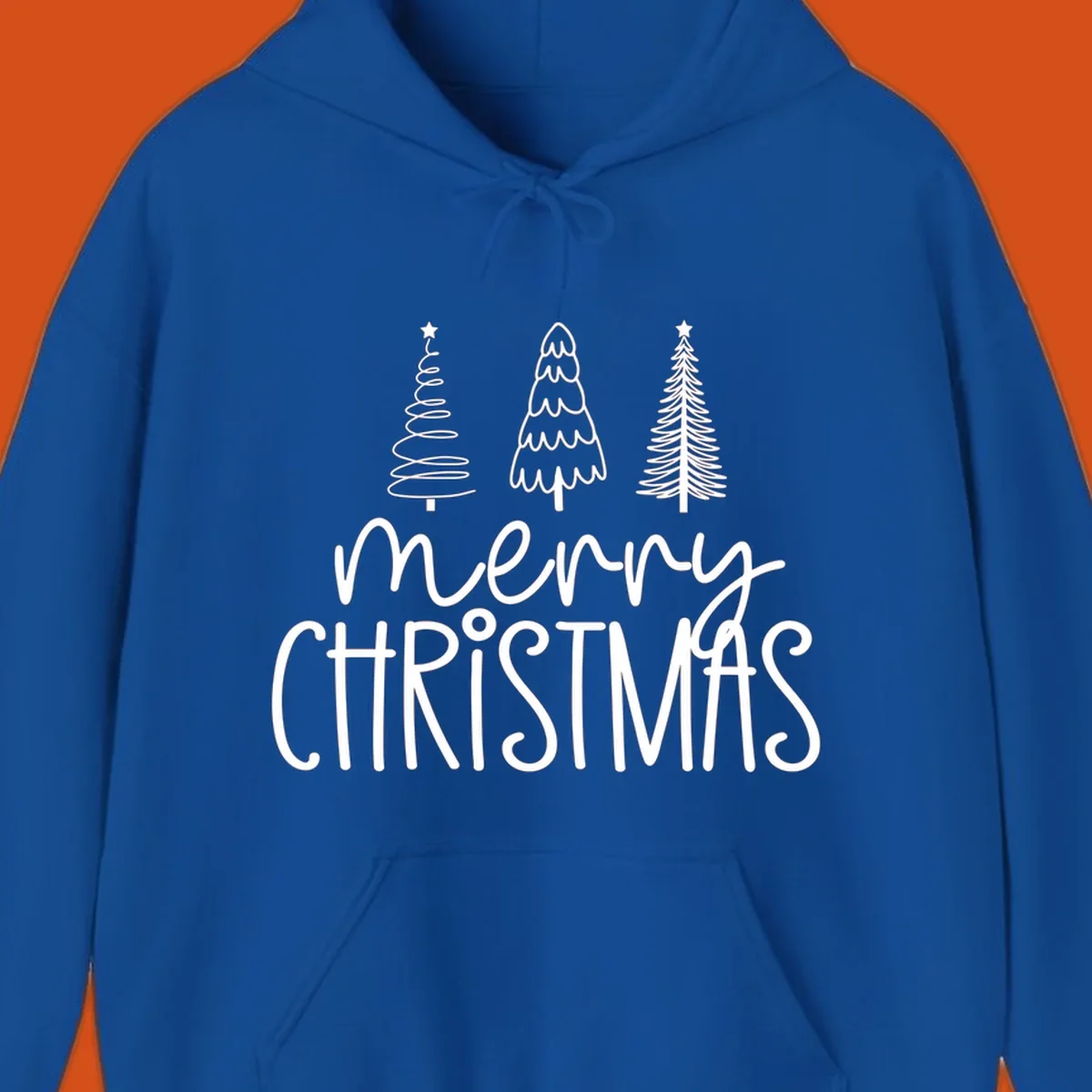 Merry Christmas trees typography design with three stylized trees and the text 'merry CHRISTMAS'.