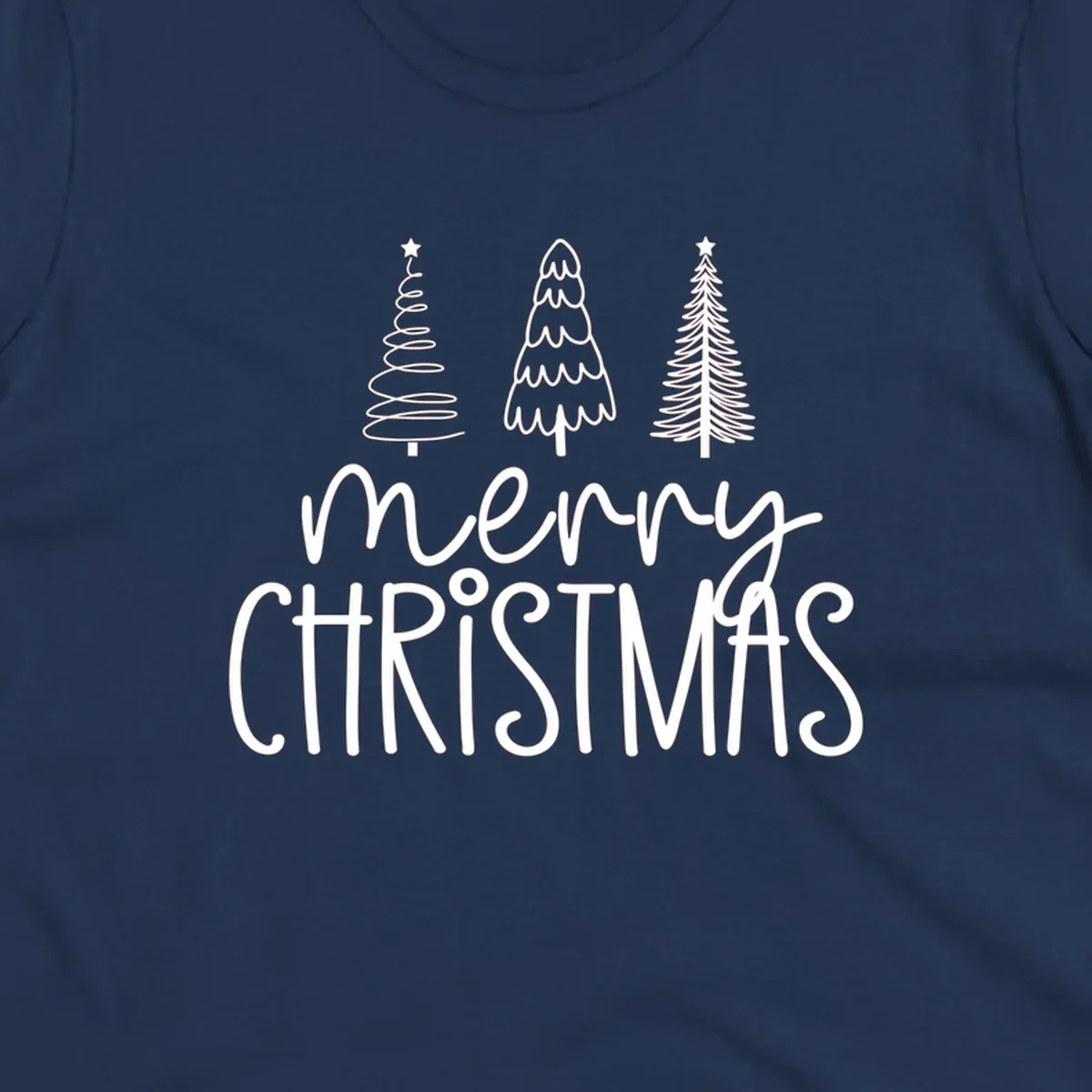 Merry Christmas trees typography design with three stylized trees and the text 'merry CHRISTMAS'.