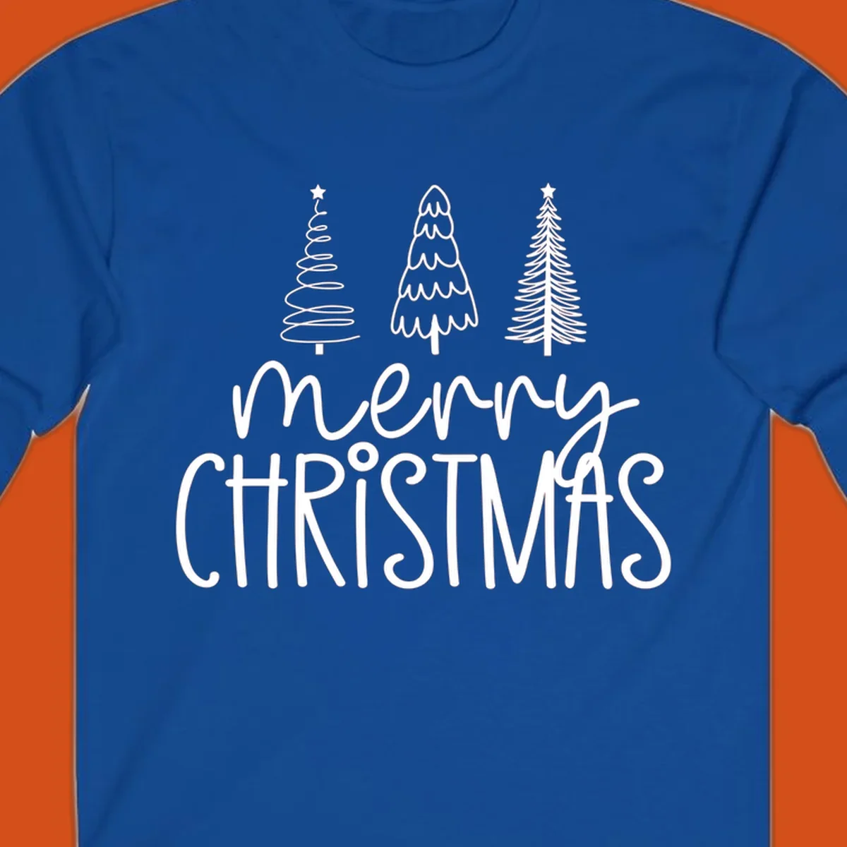 Merry Christmas trees typography design with three stylized trees and the text 'merry CHRISTMAS'.