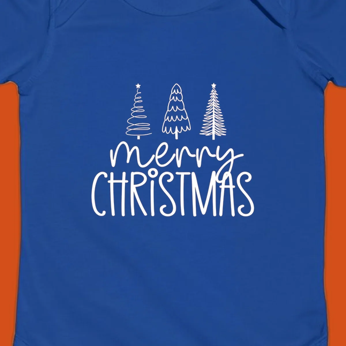 Merry Christmas trees typography design with three stylized trees and the text 'merry CHRISTMAS'.