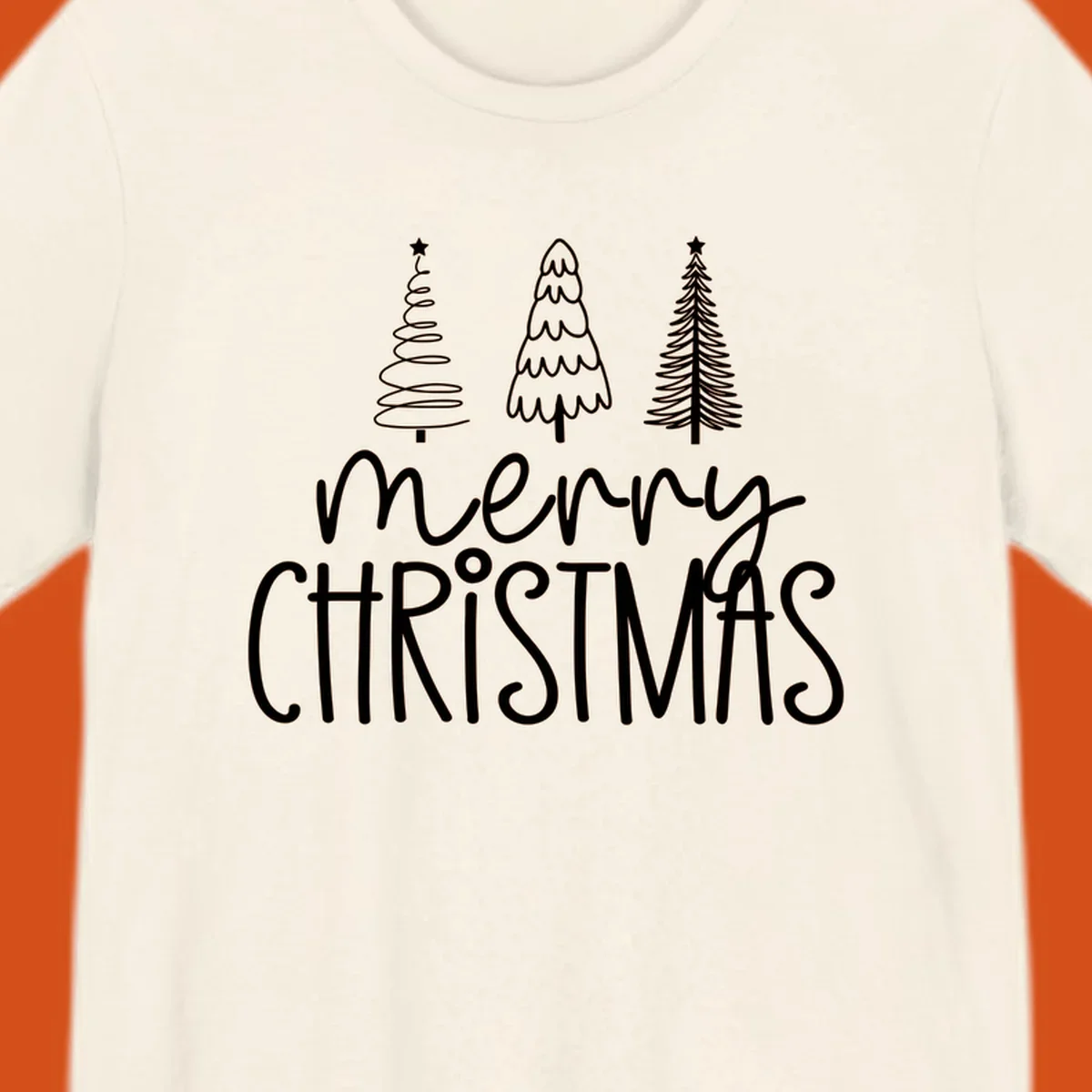 Merry Christmas trees typography design with three stylized trees and the text 'merry CHRISTMAS'.