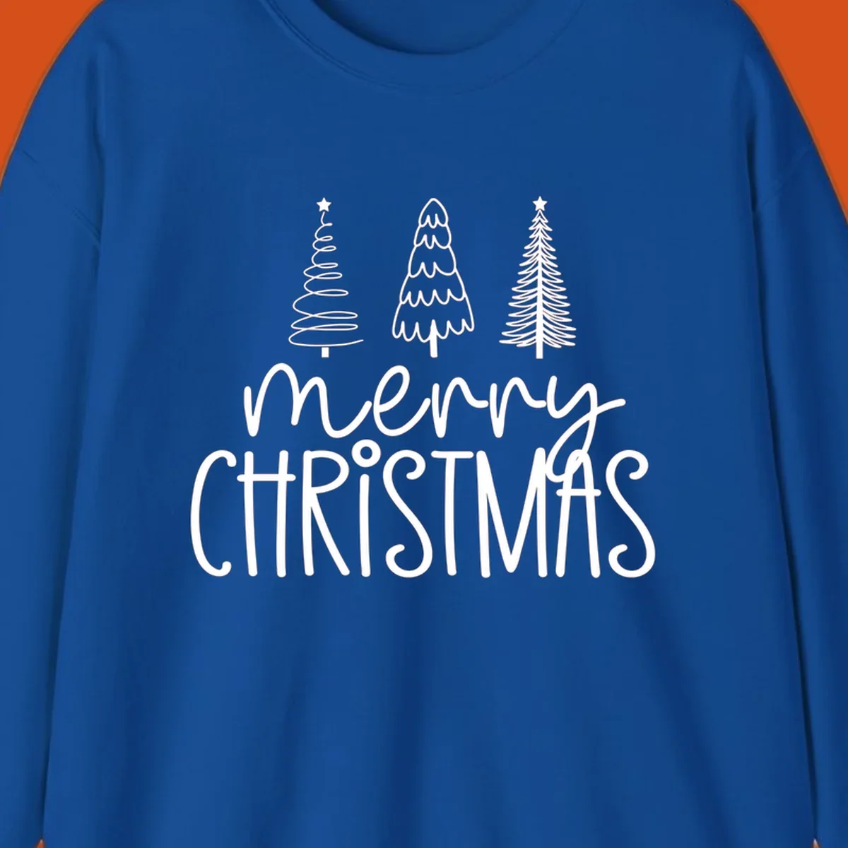 Merry Christmas trees typography design with three stylized trees and the text 'merry CHRISTMAS'.
