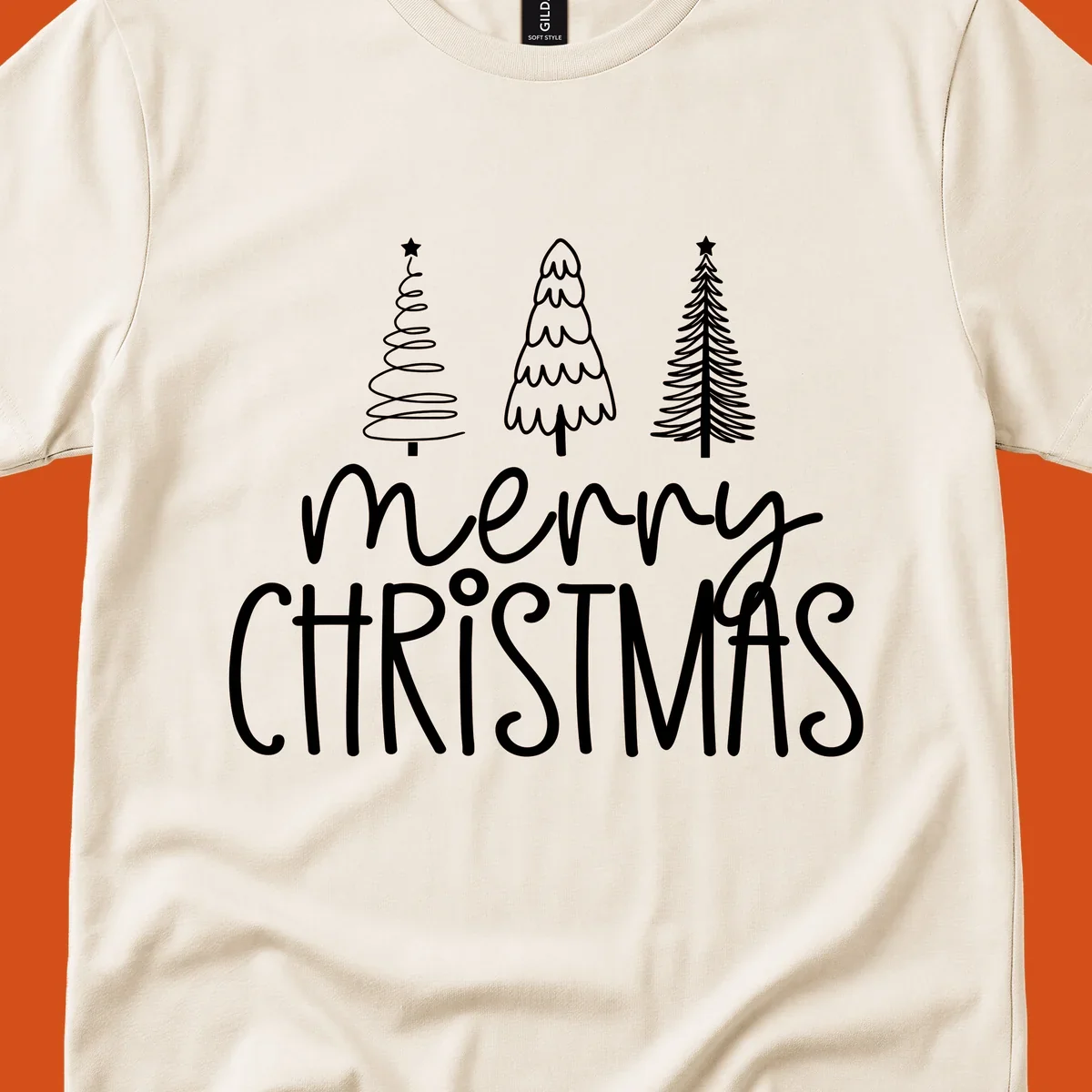 Merry Christmas trees typography design with three stylized trees and the text 'merry CHRISTMAS'.
