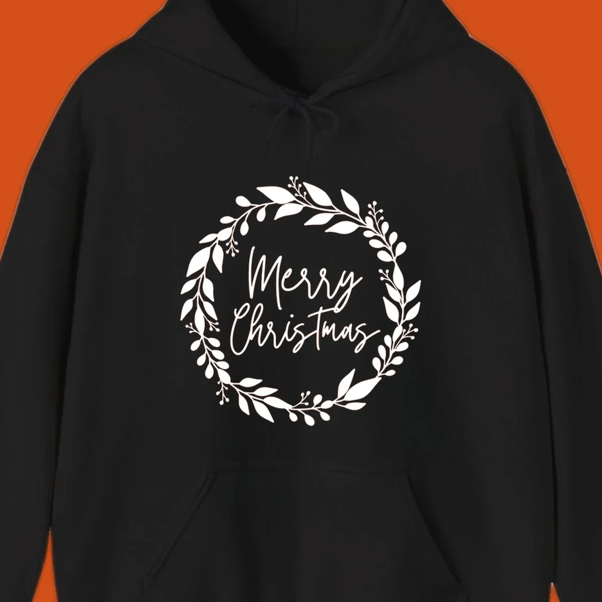 Merry Christmas text inside a white floral wreath graphic.