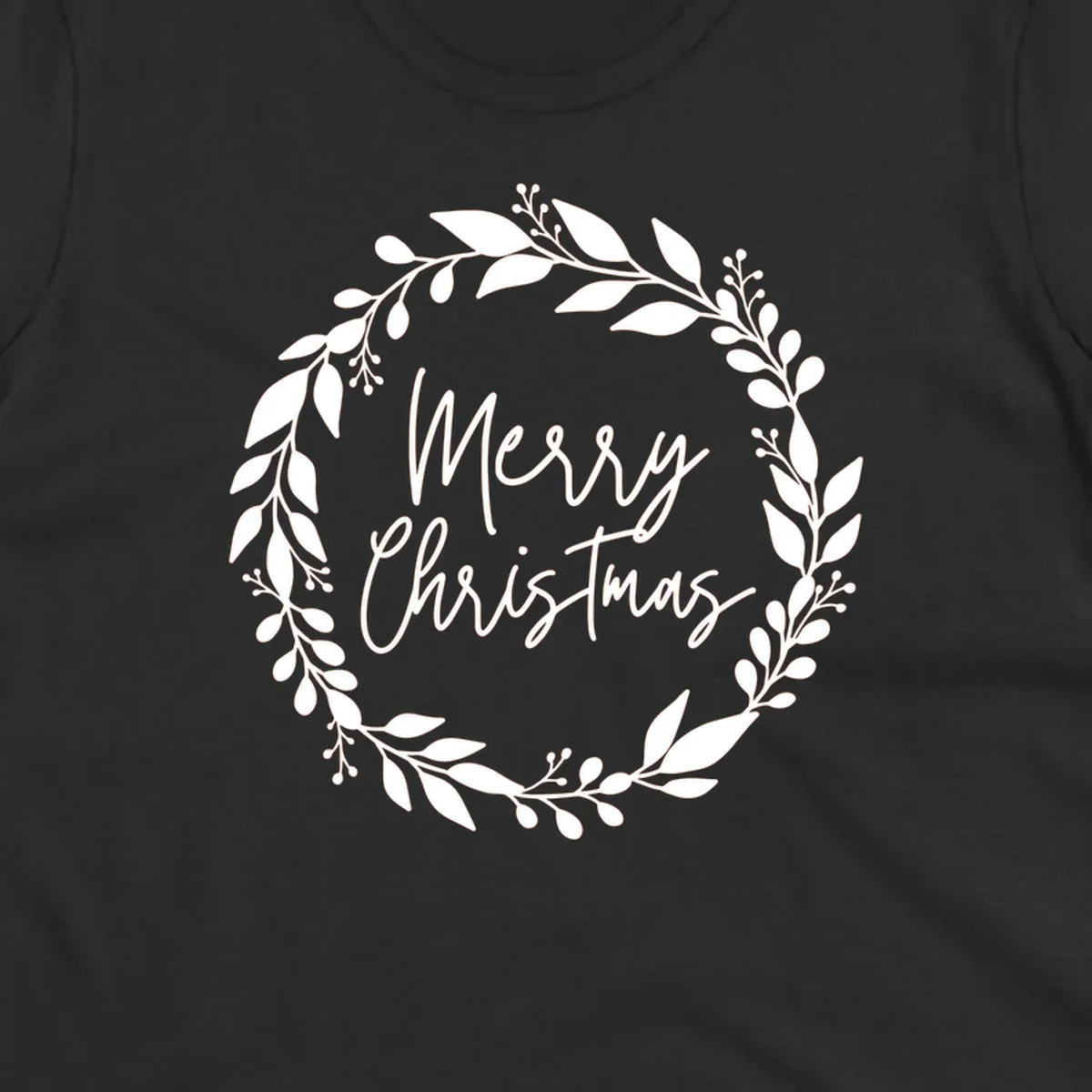 Merry Christmas text inside a white floral wreath graphic.