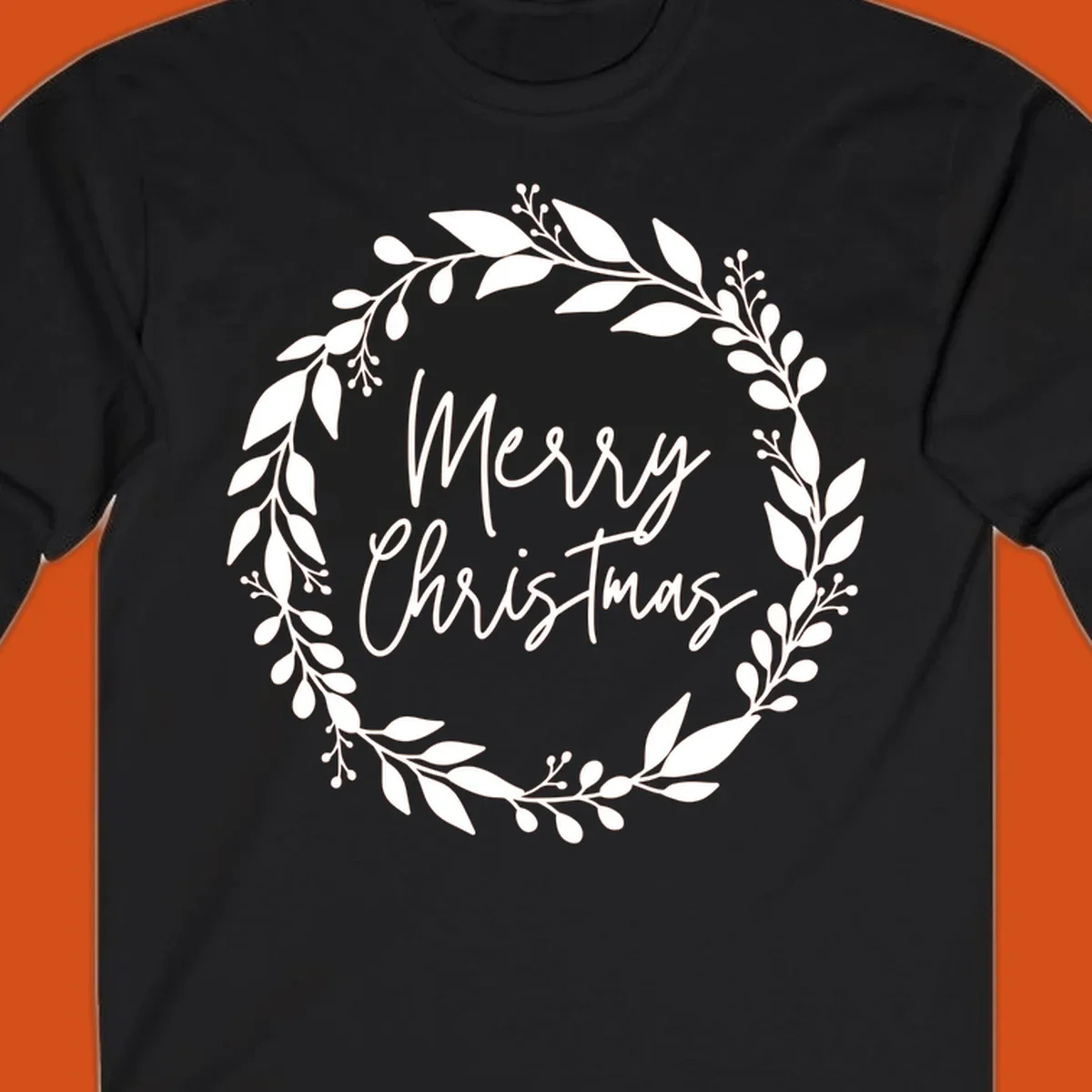 Merry Christmas text inside a white floral wreath graphic.