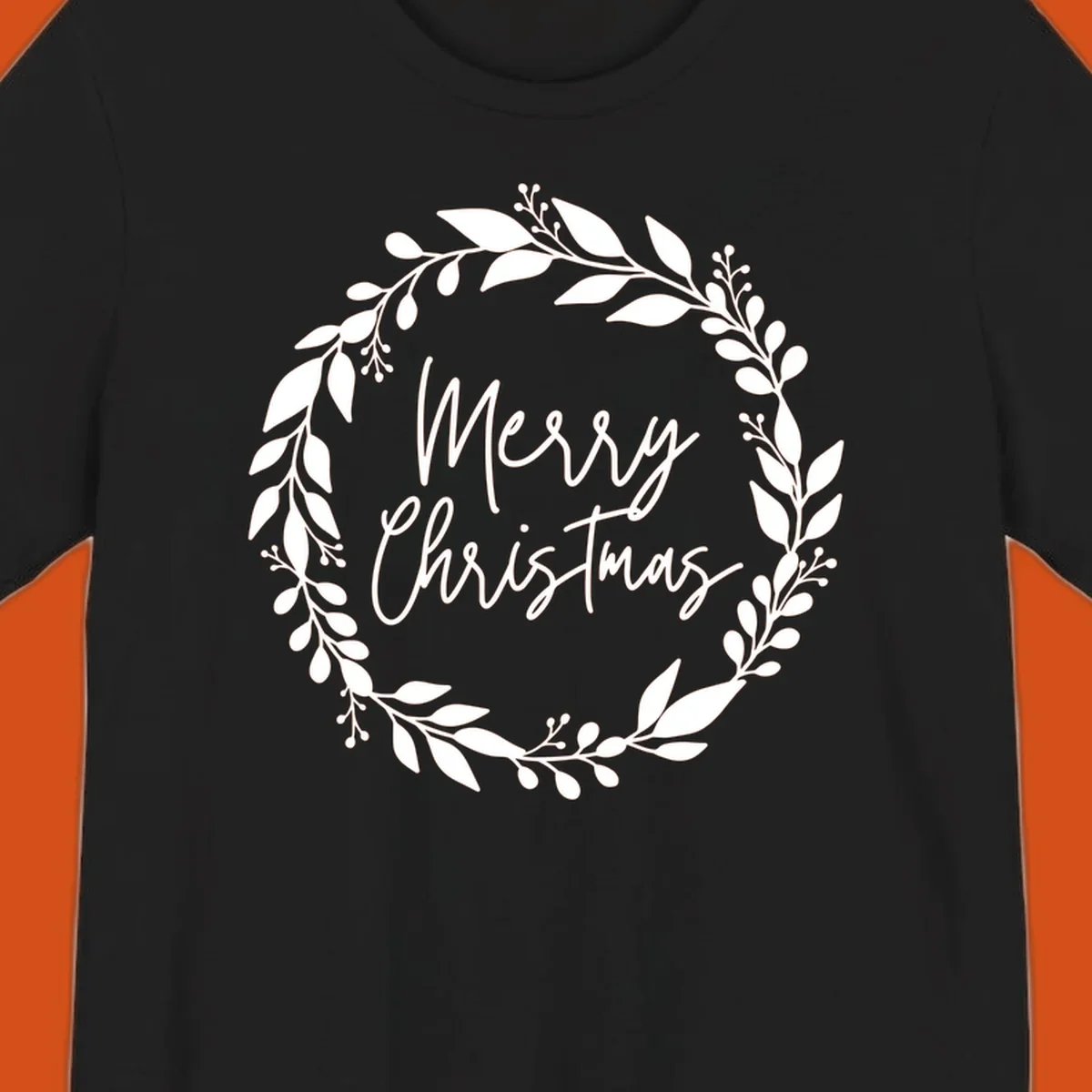 Merry Christmas text inside a white floral wreath graphic.