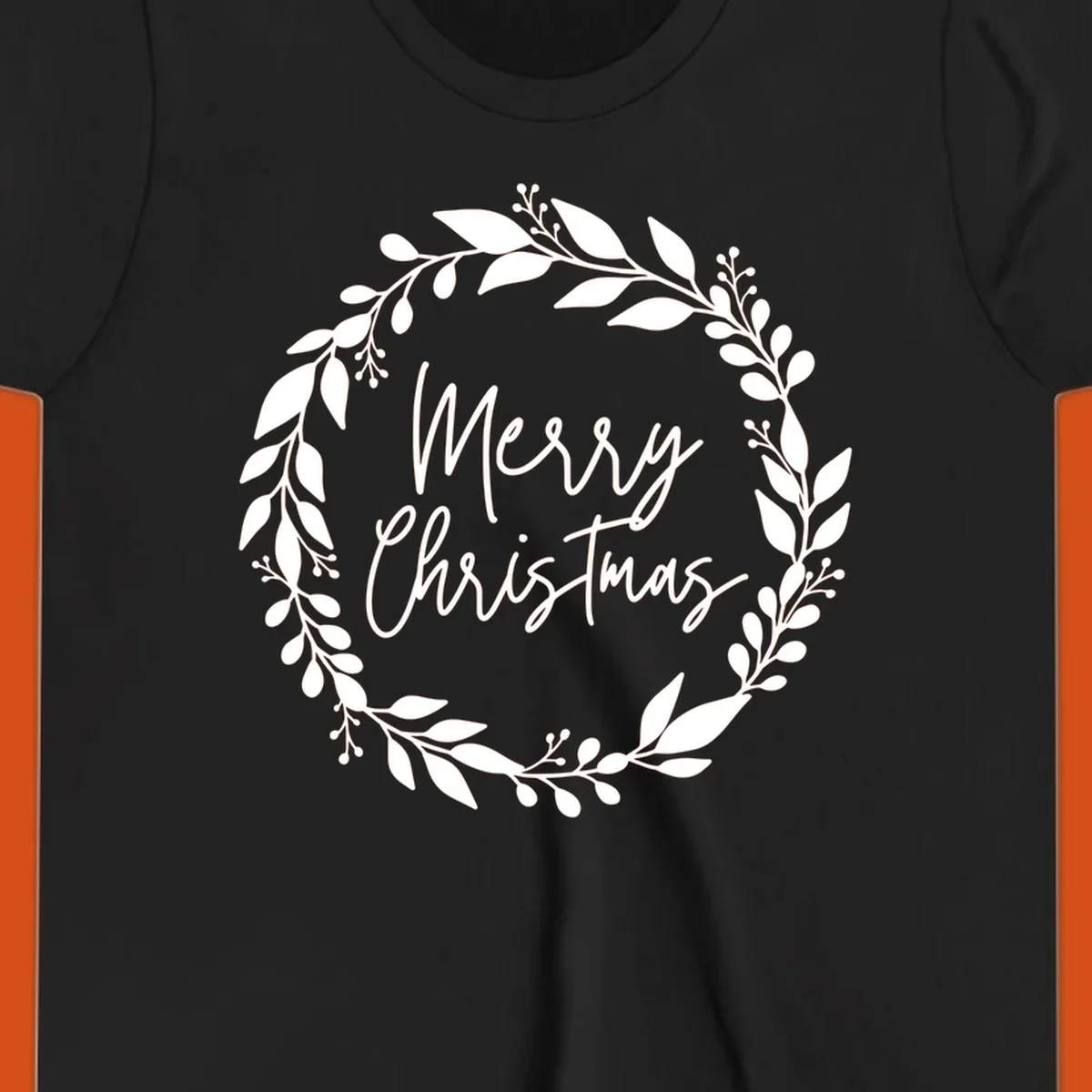 Merry Christmas text inside a white floral wreath graphic.