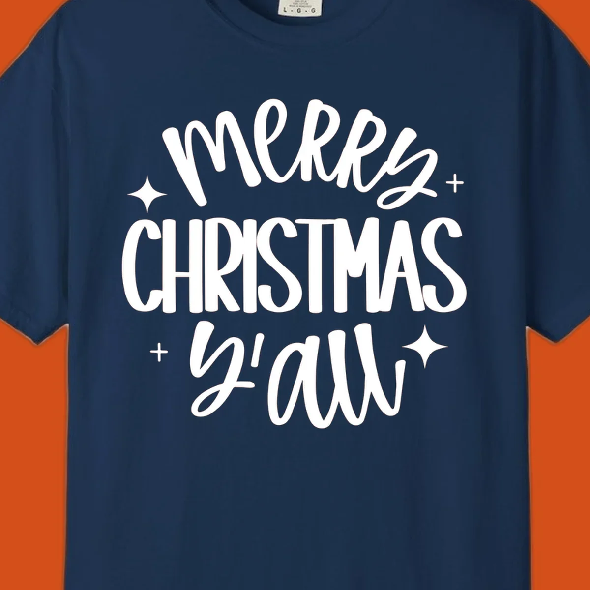Merry Christmas Y'all hand lettered design with star accents.