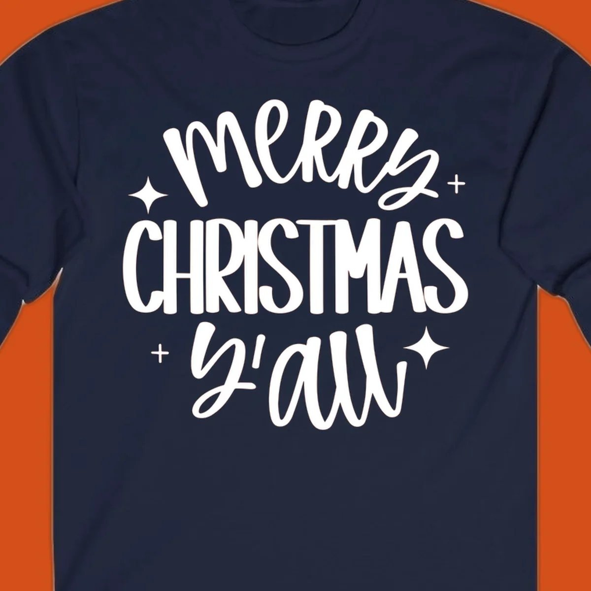 Merry Christmas Y'all hand lettered design with star accents.