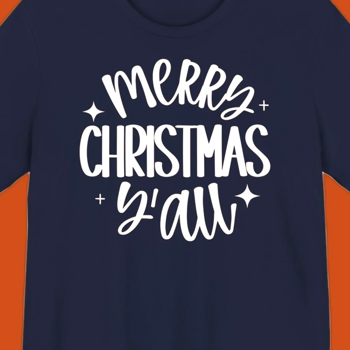 Merry Christmas Y'all hand lettered design with star accents.