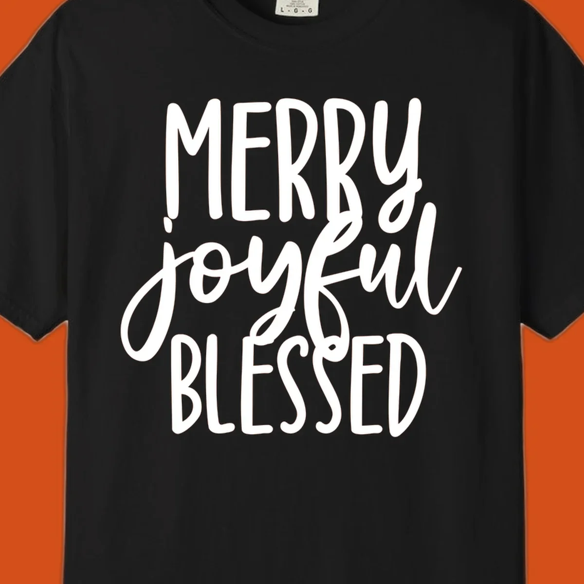 Merry Joyful Blessed holiday typography design with white text on a black background.