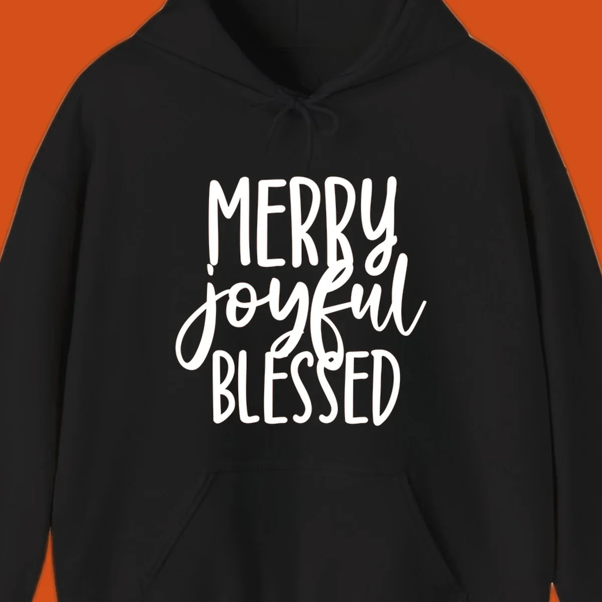 Merry Joyful Blessed holiday typography design with white text on a black background.
