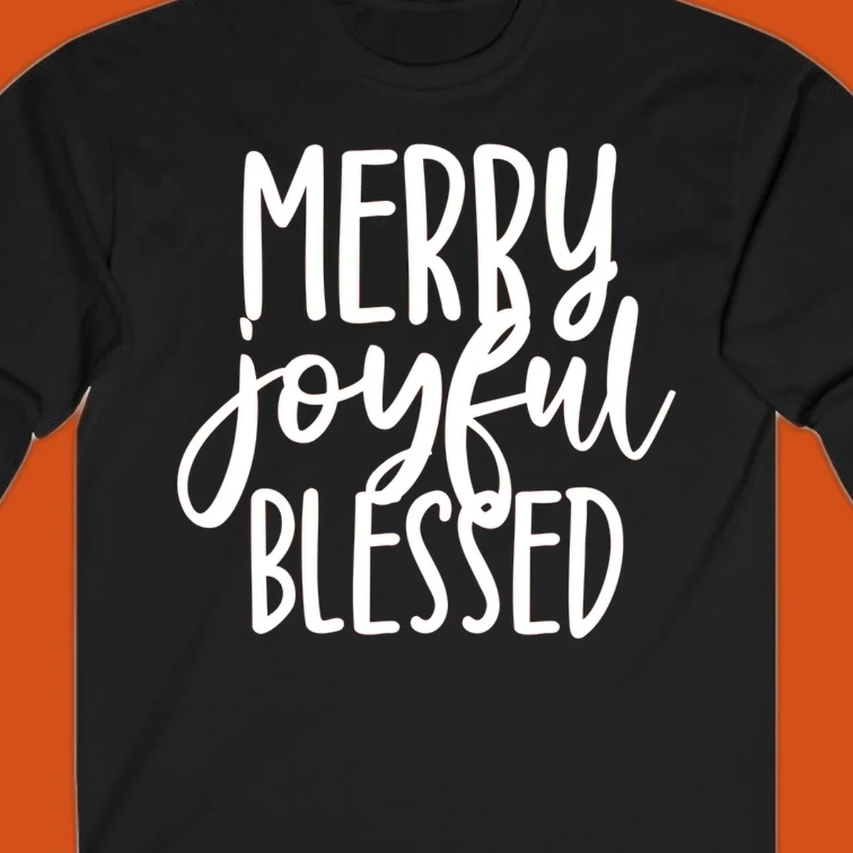 Merry Joyful Blessed holiday typography design with white text on a black background.