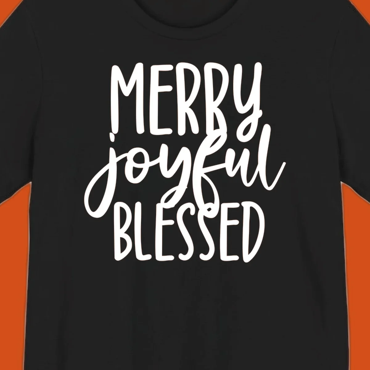 Merry Joyful Blessed holiday typography design with white text on a black background.