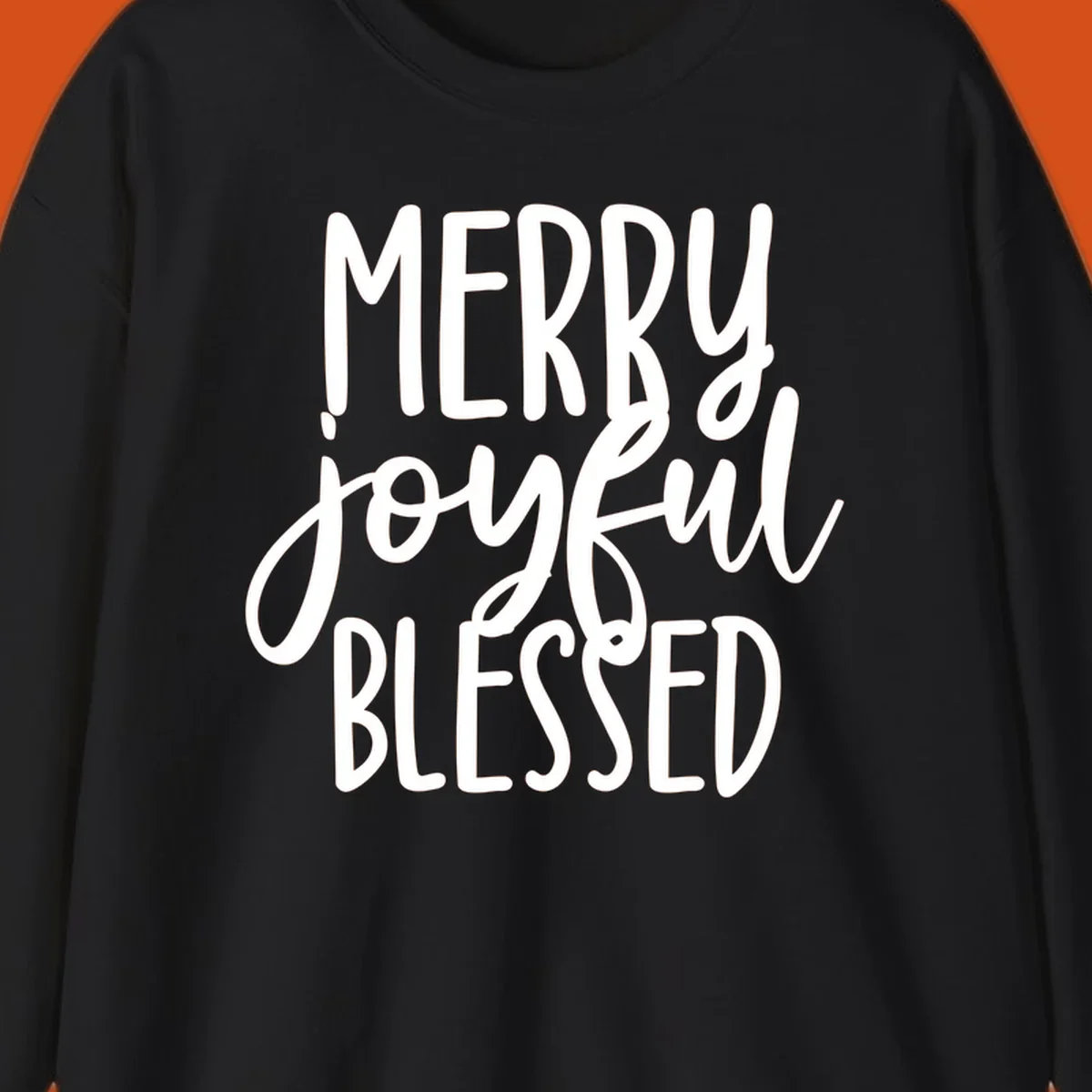 Merry Joyful Blessed holiday typography design with white text on a black background.