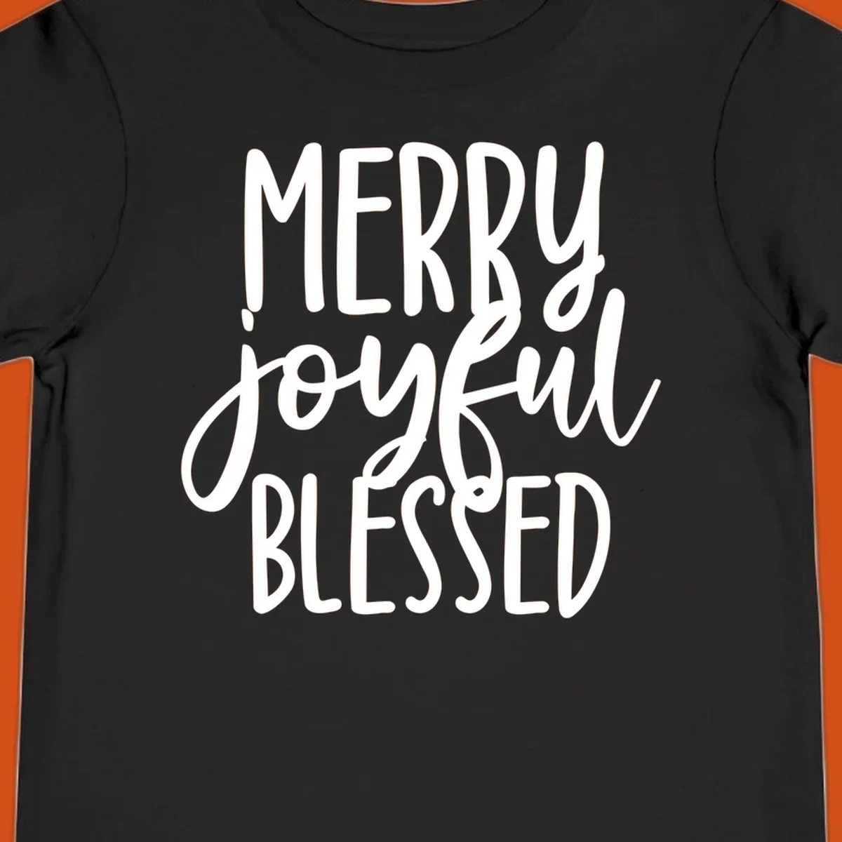 Merry Joyful Blessed holiday typography design with white text on a black background.