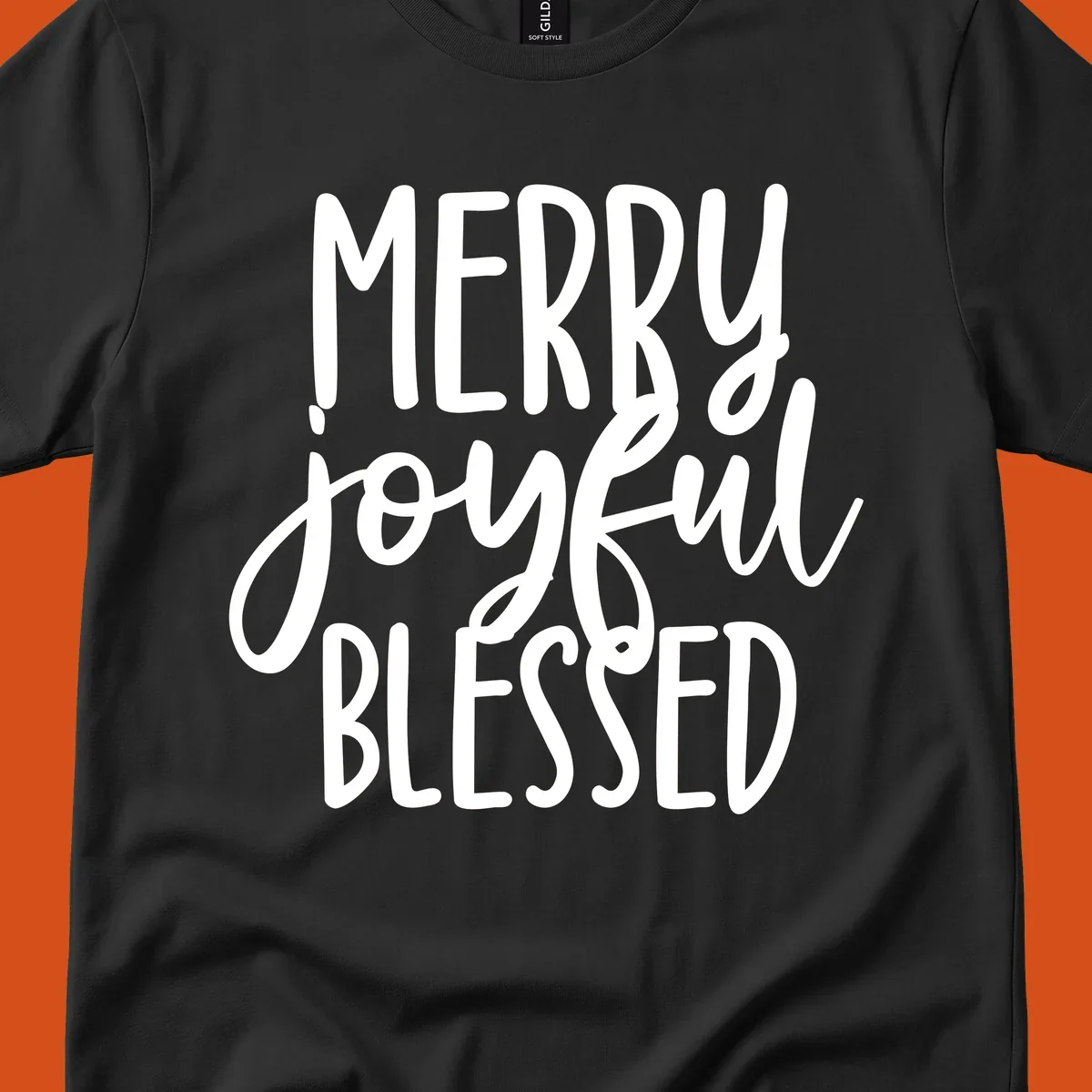 Merry Joyful Blessed holiday typography design with white text on a black background.