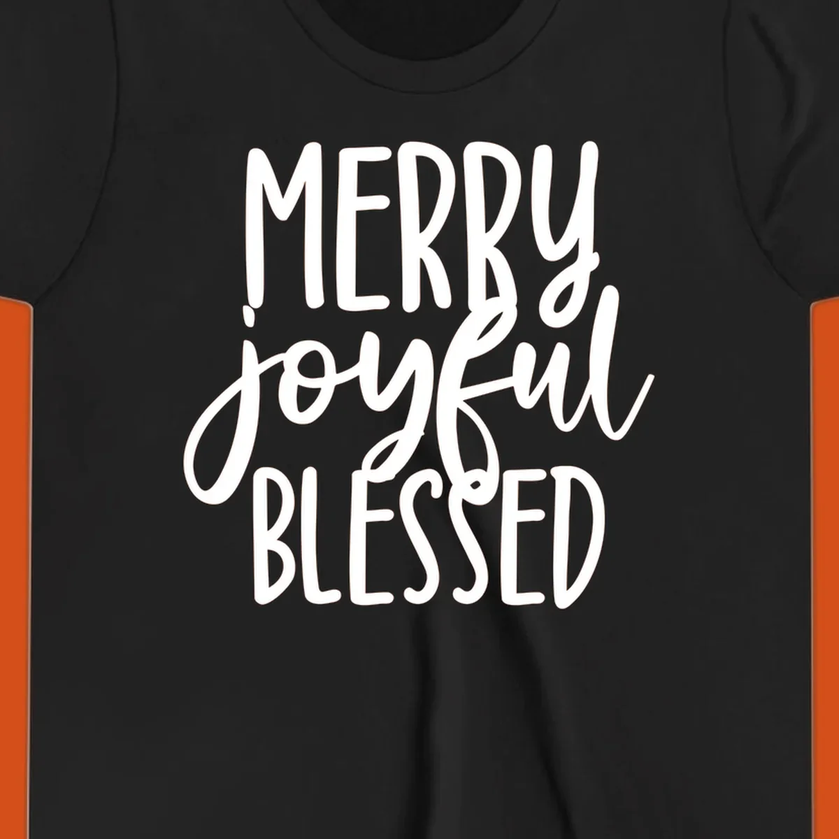 Merry Joyful Blessed holiday typography design with white text on a black background.